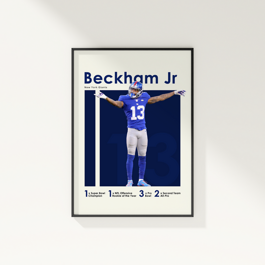 framed poster mockup of football player odell beckham jr hanging on a white wall