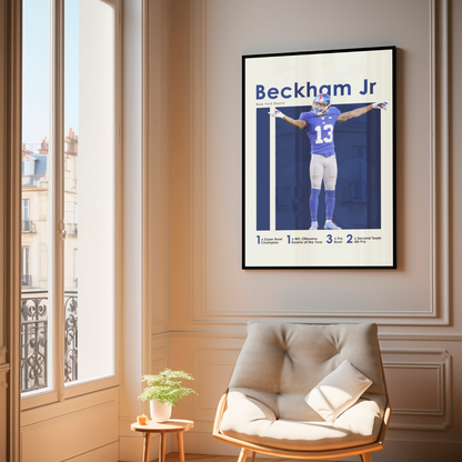 framed poster mockup of football player odell beckham jr hanging in a living room