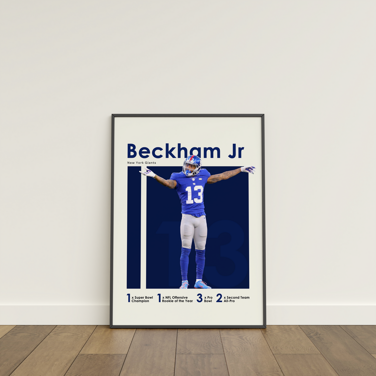 framed poster mockup of football player odell beckham jr leaning on a white wall