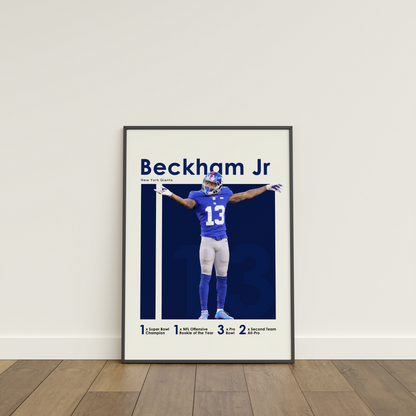 framed poster mockup of football player odell beckham jr leaning on a white wall