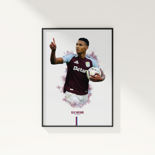 framed poster mockup of soccer player ollie watkins hanging on a white wall