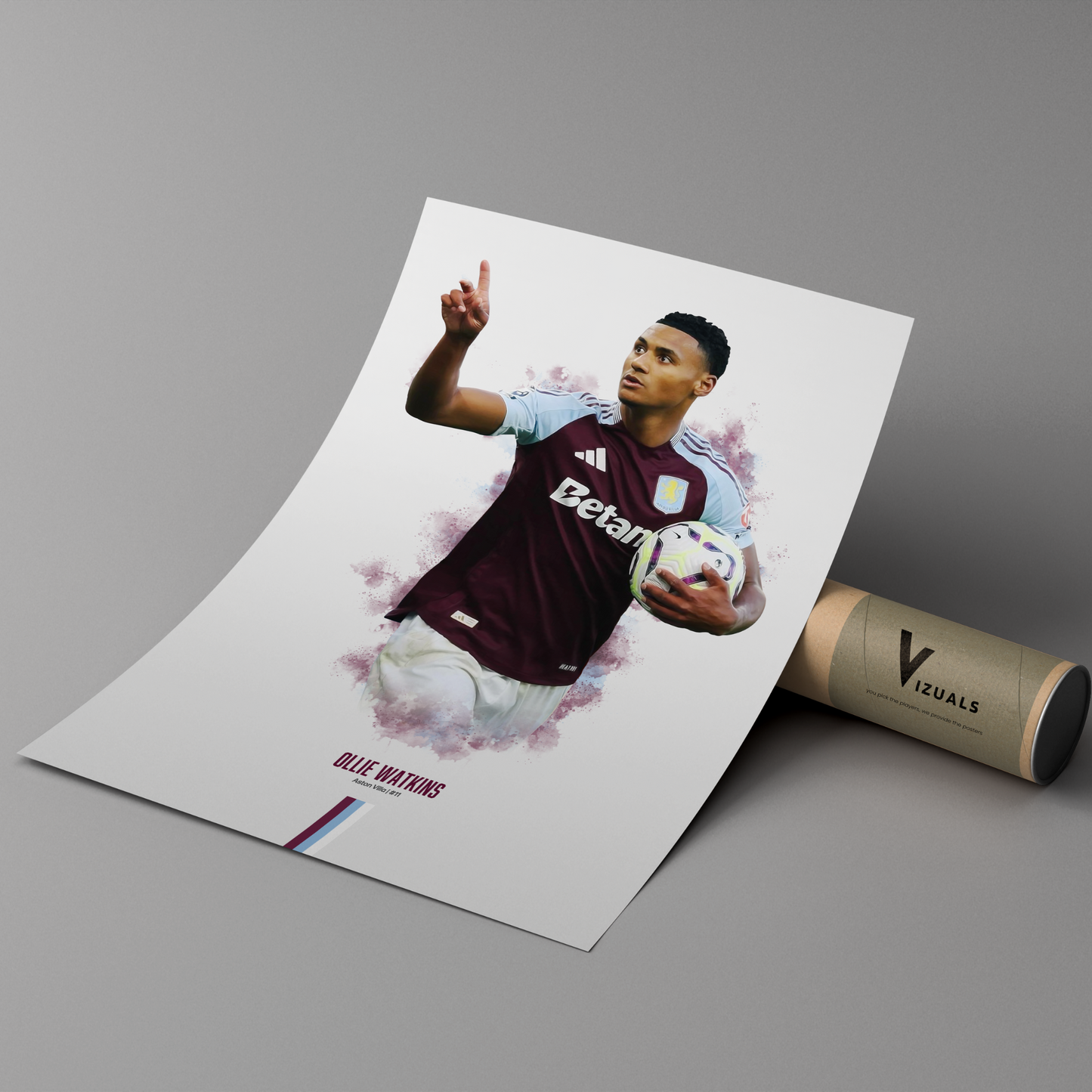 poster mockup of soccer player ollie watkins leaning on a cardboard tube