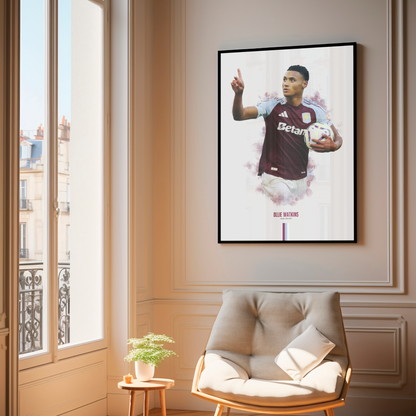 framed poster mockup of soccer player ollie watkins hanging in a living room