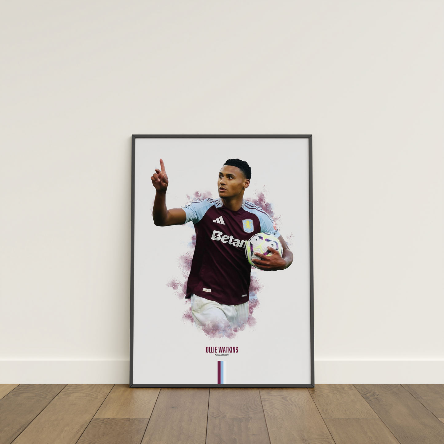 framed poster mockup of soccer player ollie watkins leaning on a white wall