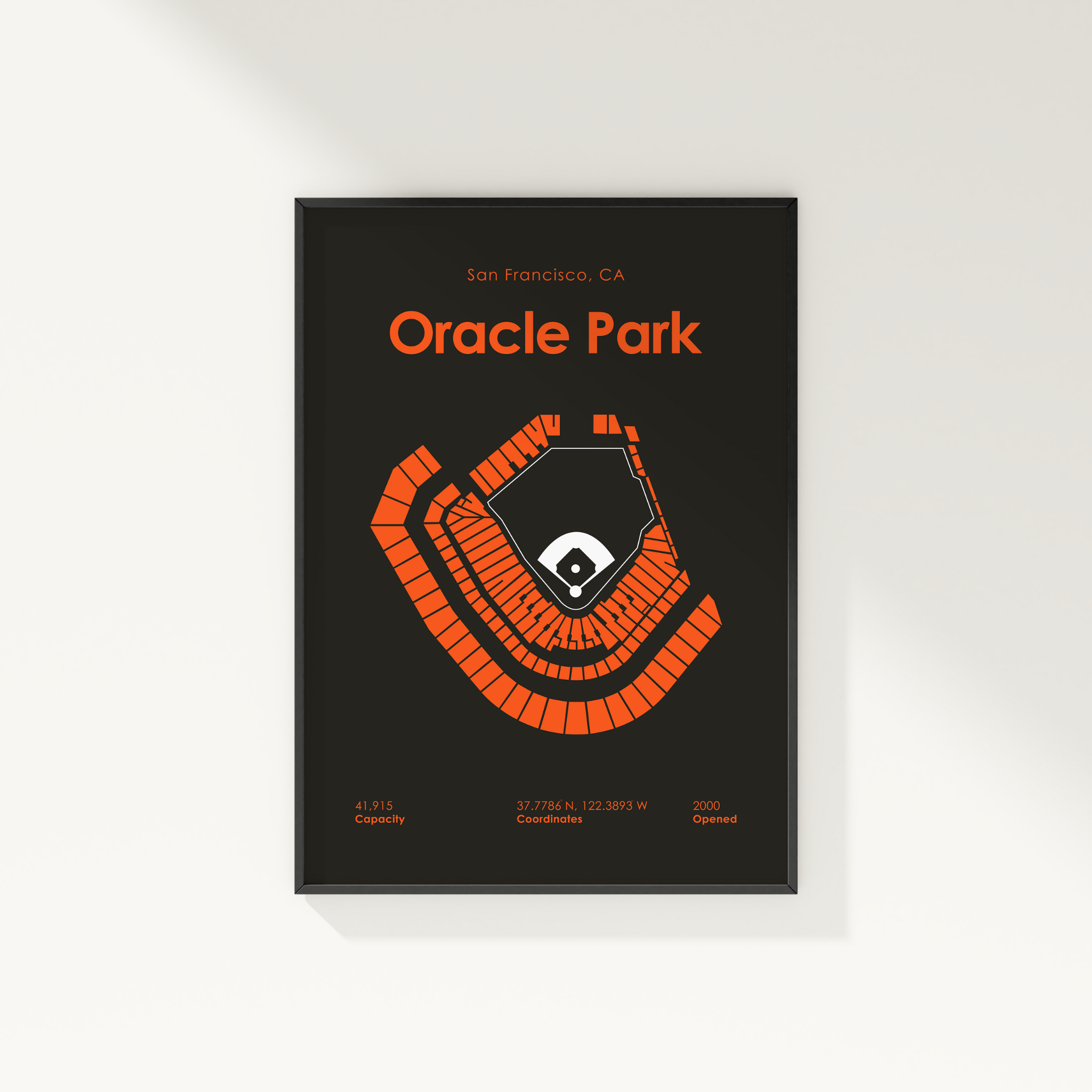 Poster of Oracle Park with orange text and design on a black background