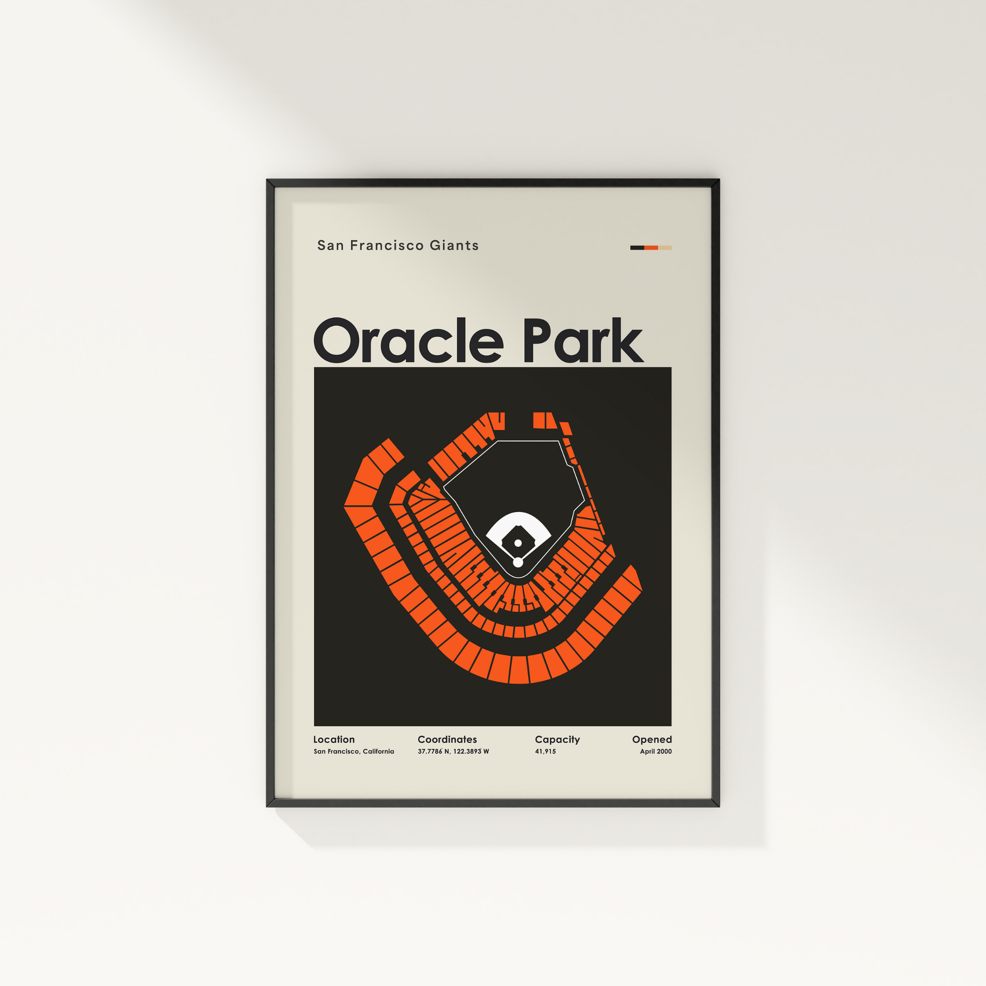 Framed poster of Oracle Park with San Francisco Giants text on a white wall.