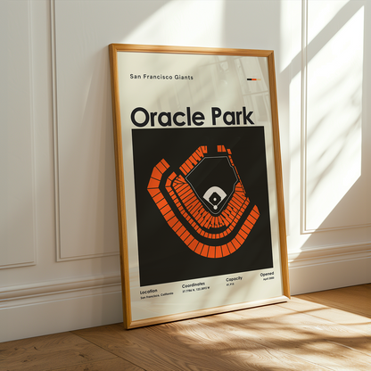 Framed poster of Oracle Park with San Francisco Giants logo on a wall.