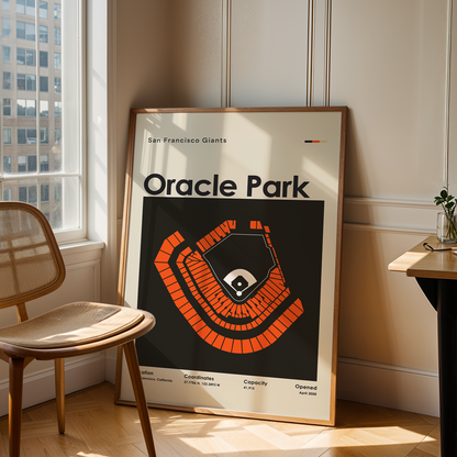 Poster of Oracle Park in a room with a chair and table.