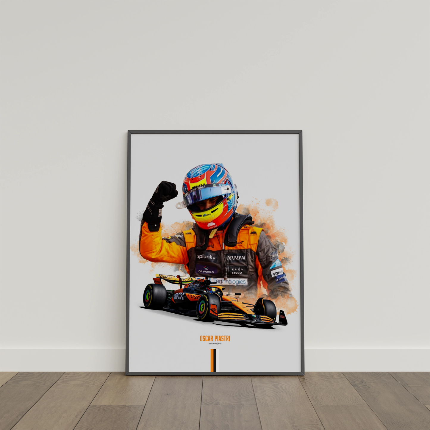 framed poster mockup of formula 1 driver oscar piastri leaning on a white wall