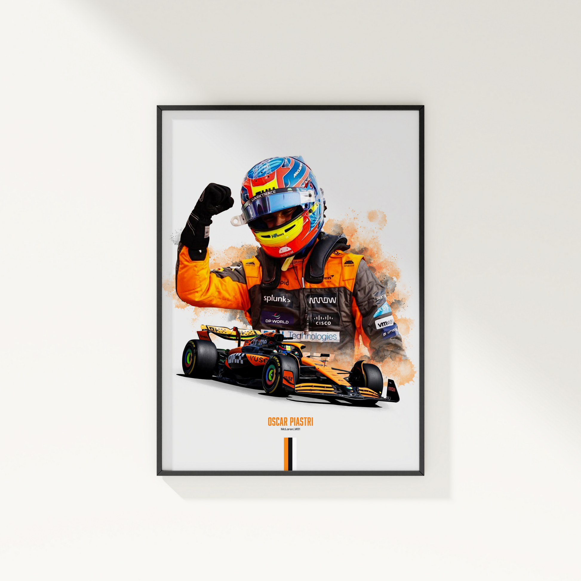 framed poster mockup of formula 1 driver oscar piastri hanging on a white wall