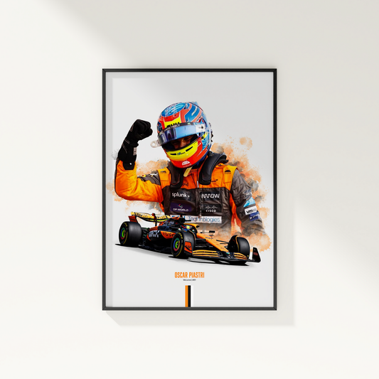 framed poster mockup of formula 1 driver oscar piastri hanging on a white wall