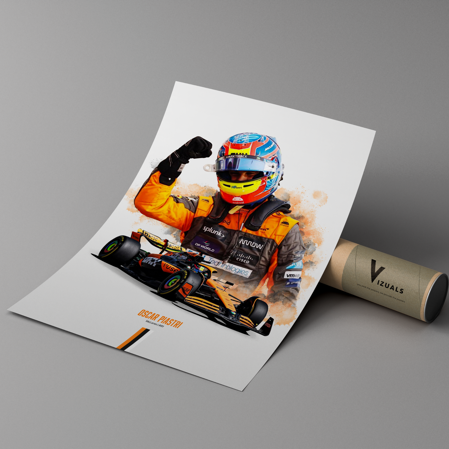 poster mockup of formula 1 driver oscar piastri leaning on a cardboard tube