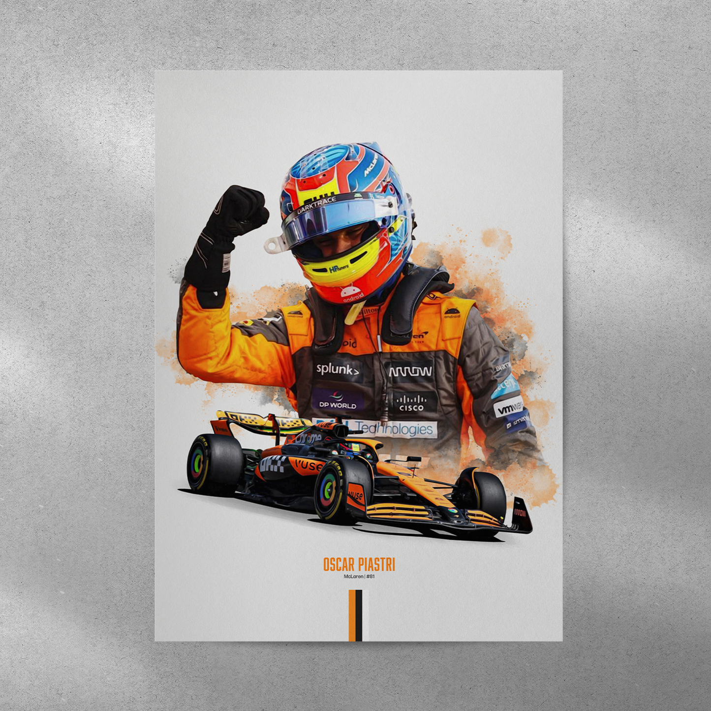 poster mockup of formula 1 driver oscar piastri on a grey wall