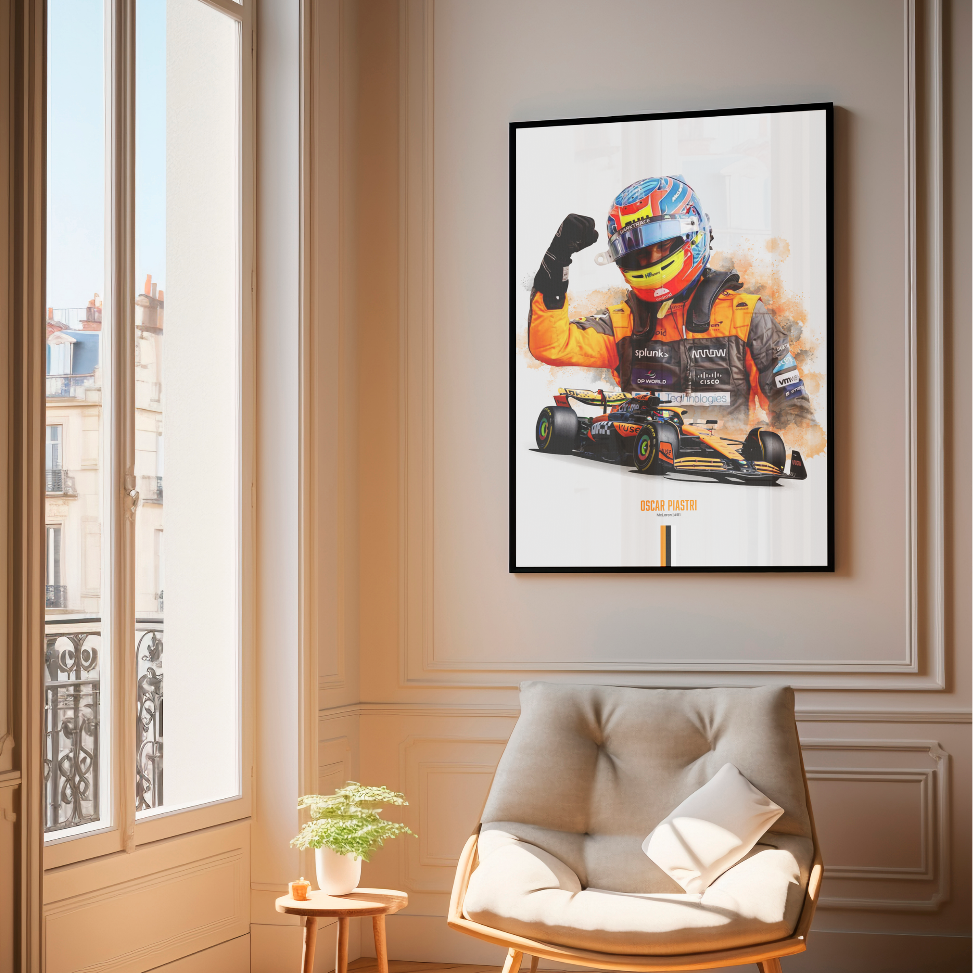 framed poster mockup of formula 1 driver oscar piastri hanging in a living room