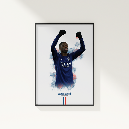 Framed poster print of soccer player Ousmane Dembele, wearing a PSG jersey, on a white wall.