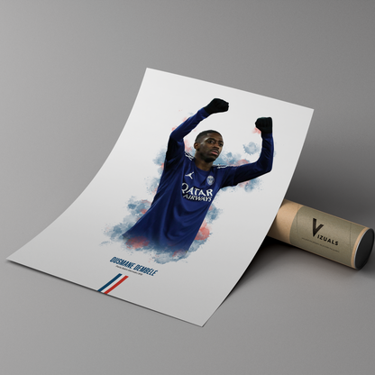 Framed poster print of soccer player Ousmane Dembele, wearing a PSG jersey, on a cardboard tube with 'Vizuals' branding.