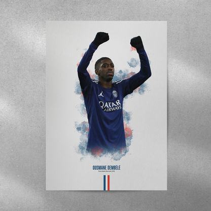 Framed poster print of soccer player Ousmane Dembele, wearing a PSG jersey, on a gray background.
