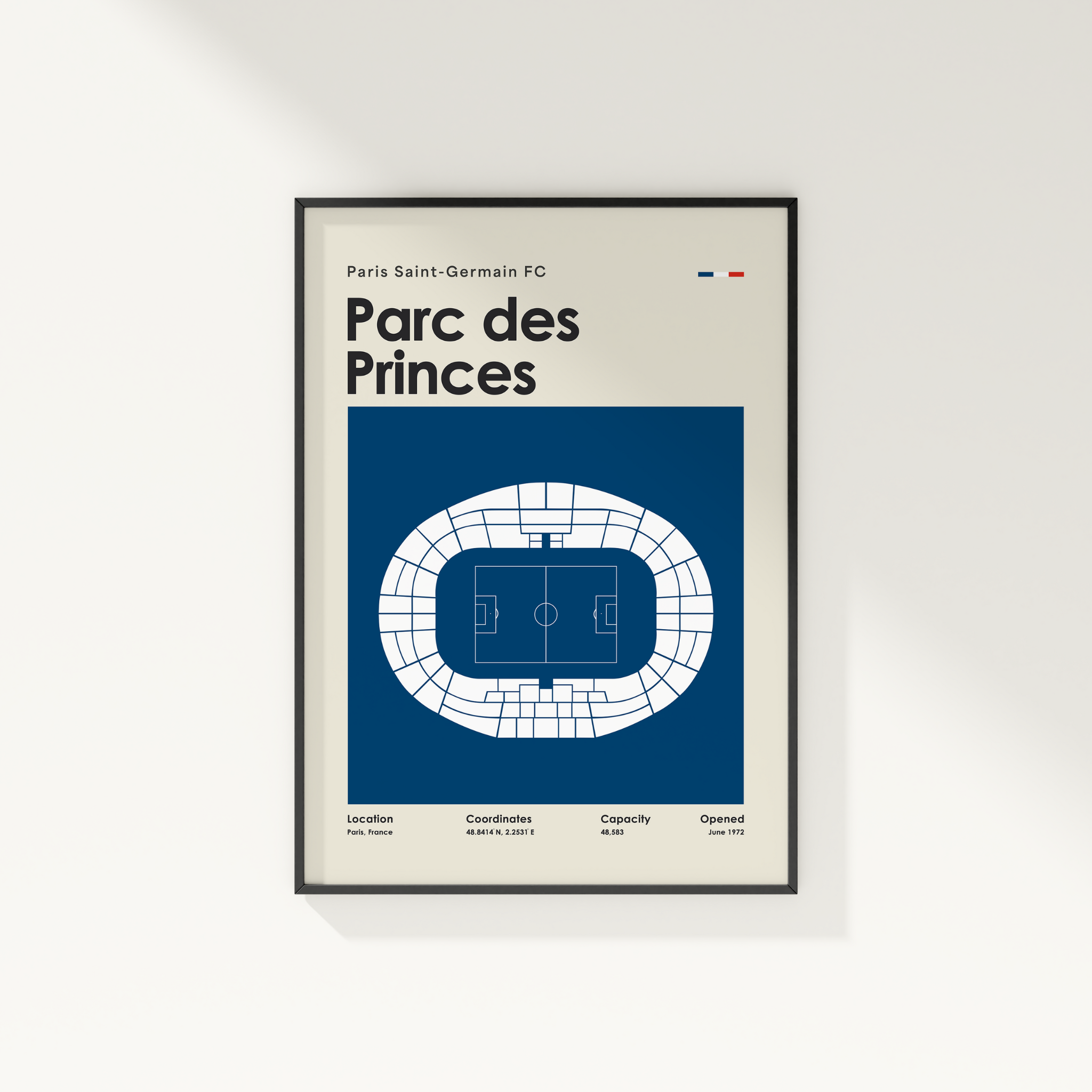 Framed poster of Parc des Princes with stadium layout on a beige background