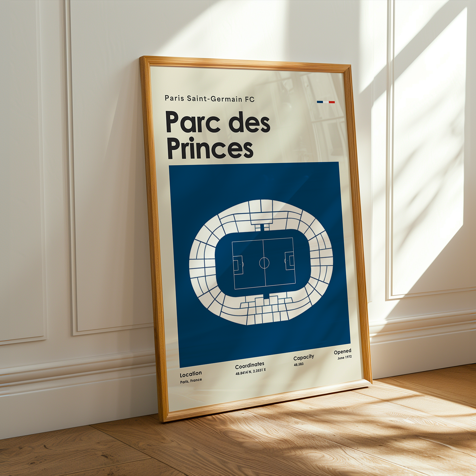 Framed poster of Parc des Princes stadium layout with Paris Saint-Germain FC branding.