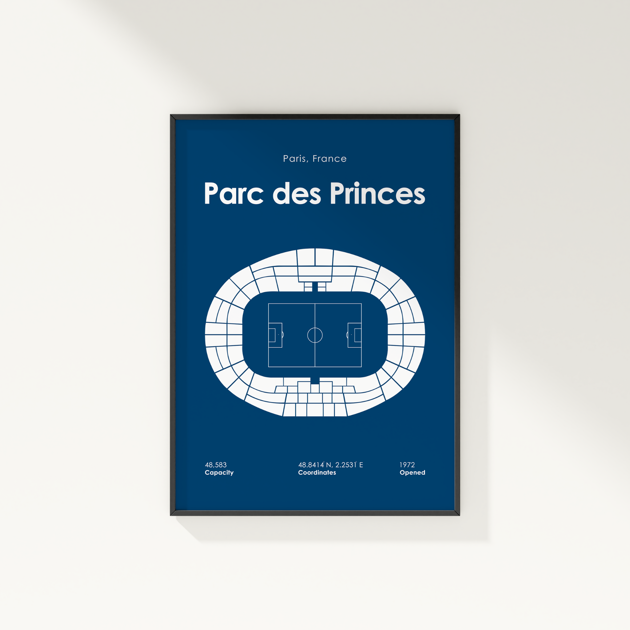 Framed poster of Parc des Princes stadium layout on a blue background