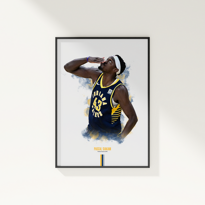 Framed poster of basketball player Pascal Siakam wearing a Pacers jersey on a white wall.