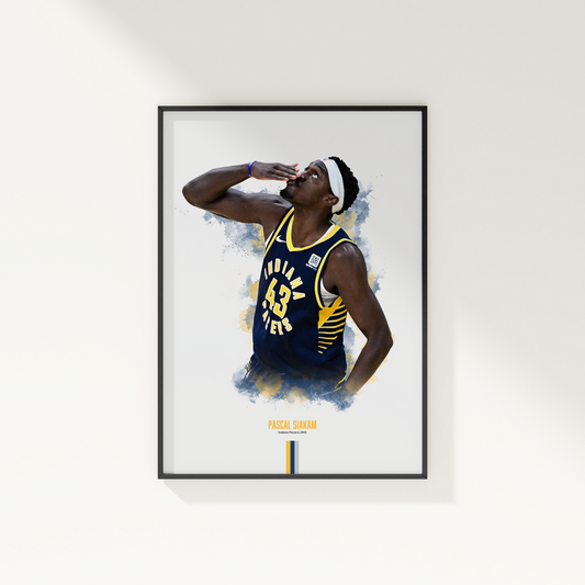 Framed poster of basketball player Pascal Siakam wearing a Pacers jersey on a white wall.