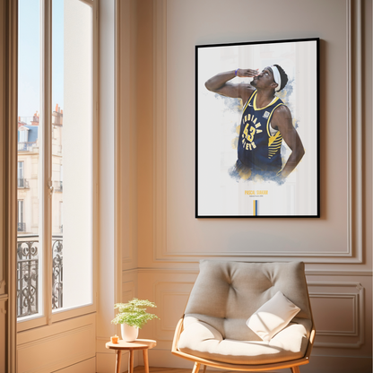 Framed poster of basketball player Pascal Siakam wearing a Pacers jersey on a wall above a chair.