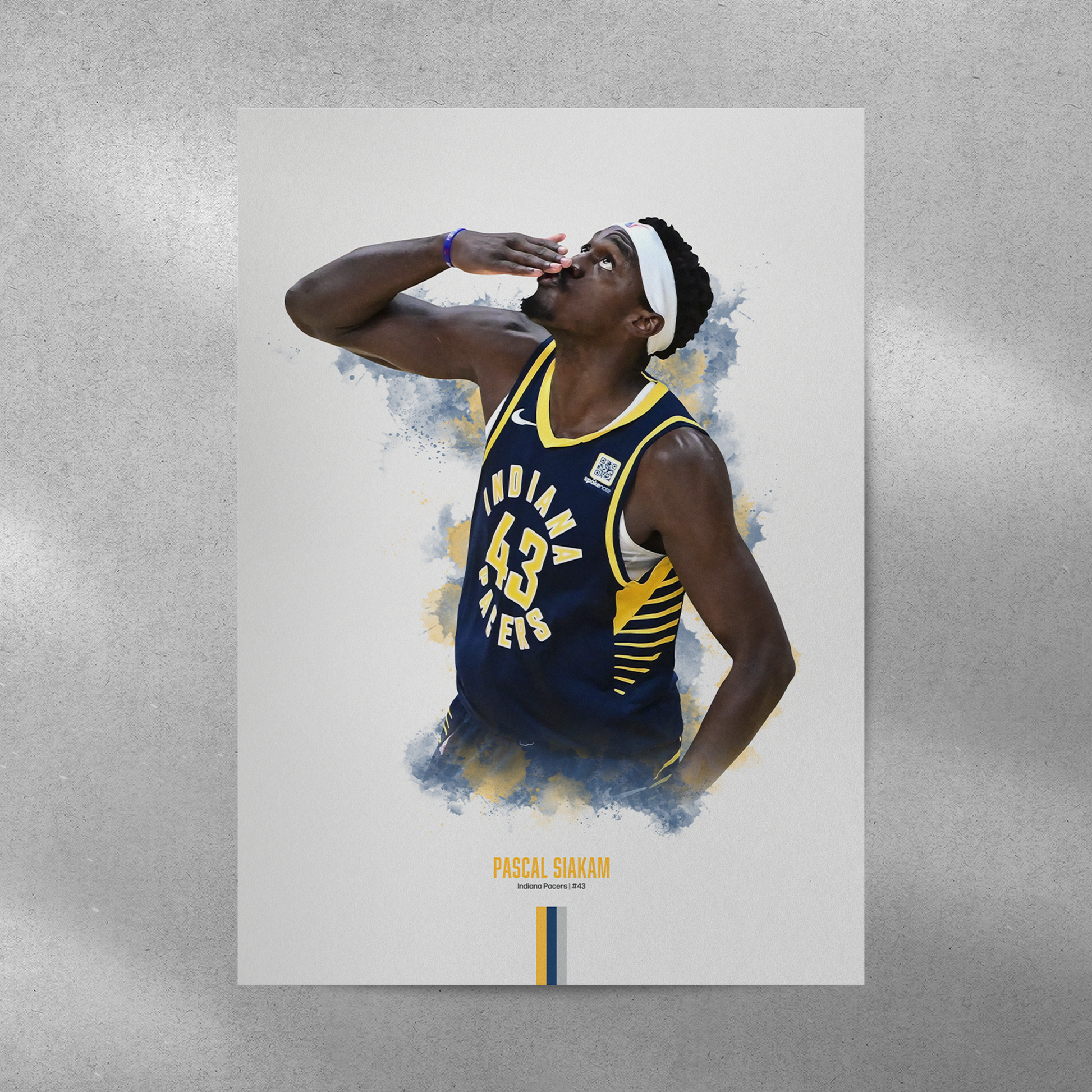 Poster of basketball player Pascal Siakam wearing a Pacers jersey on a gray background.