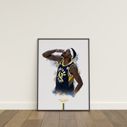 Framed poster of basketball player Pascal Siakam wearing a Pacers jersey on a white wall.