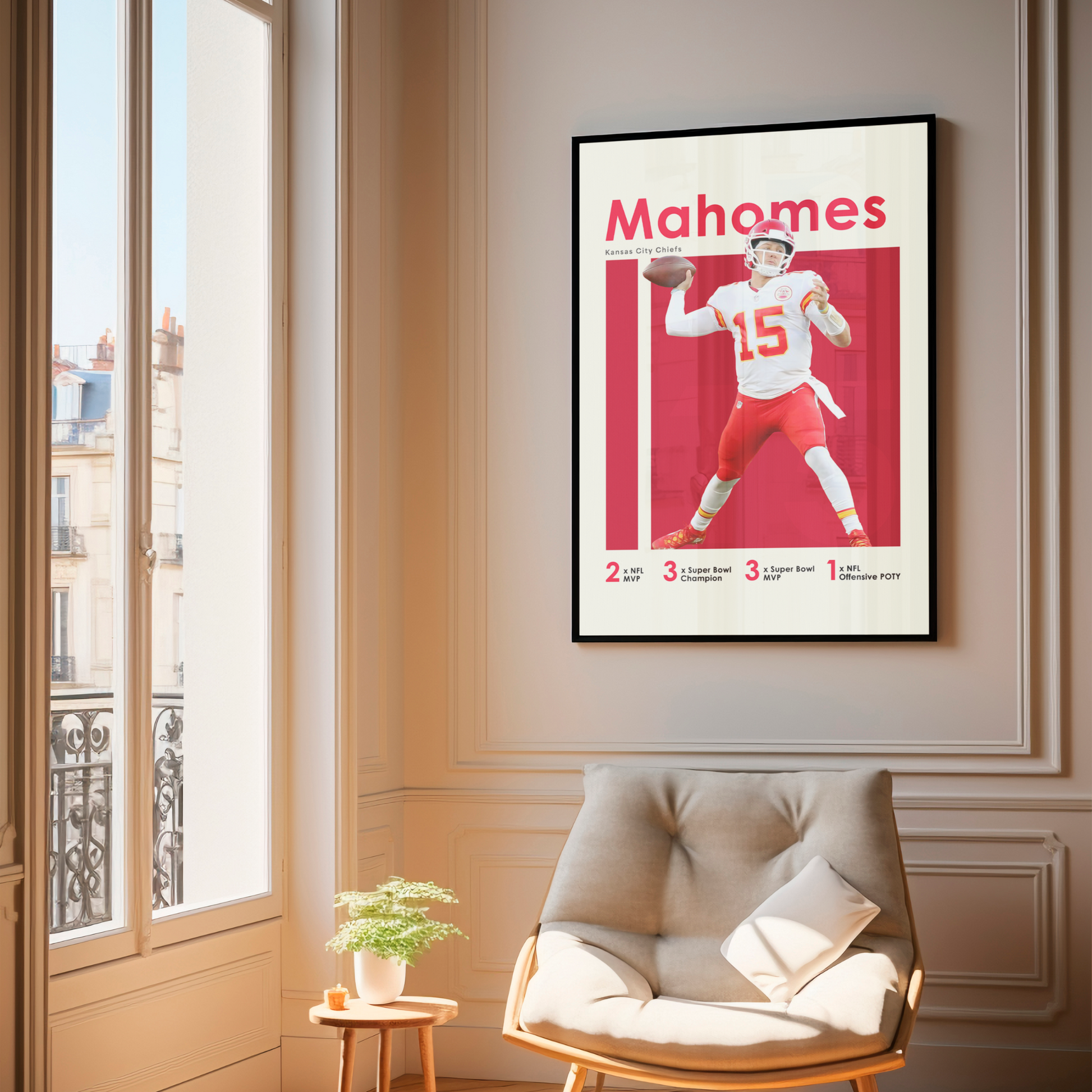 framed poster mockup of football player patrick mahomes hanging in a living room