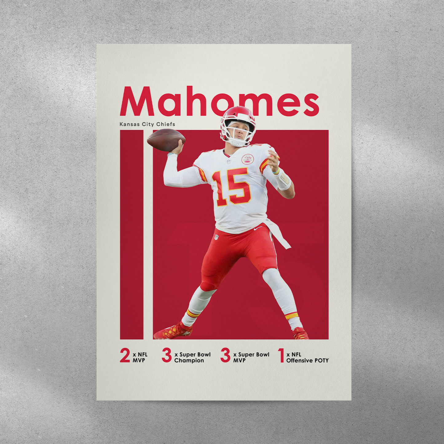 poster mockup of football player patrick mahomes on a grey wall