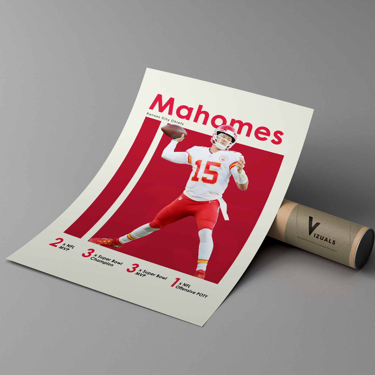 poster mockup of football player patrick mahomes leaning on a cardboard tube