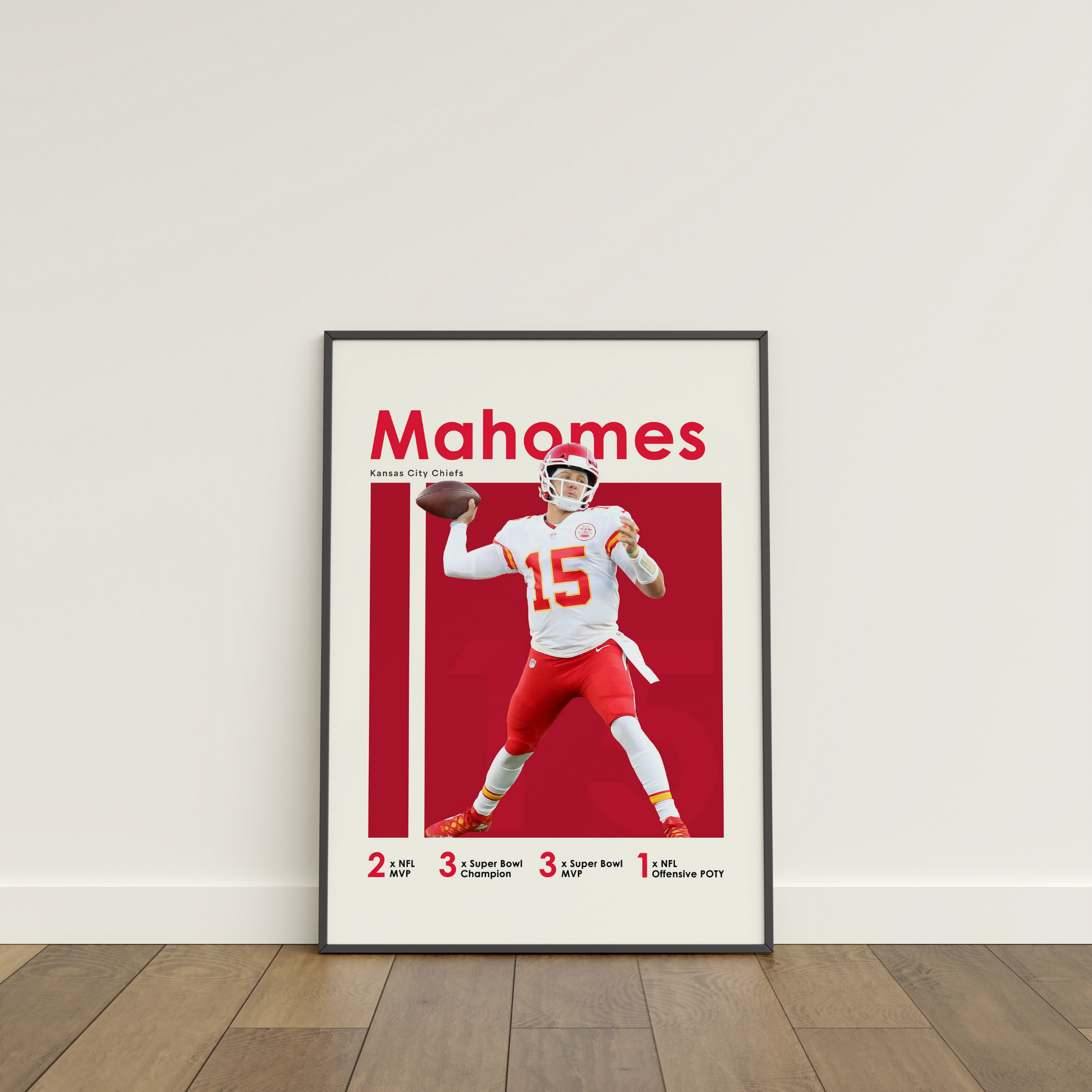 framed poster mockup of football player patrick mahomes leaning on a white wall