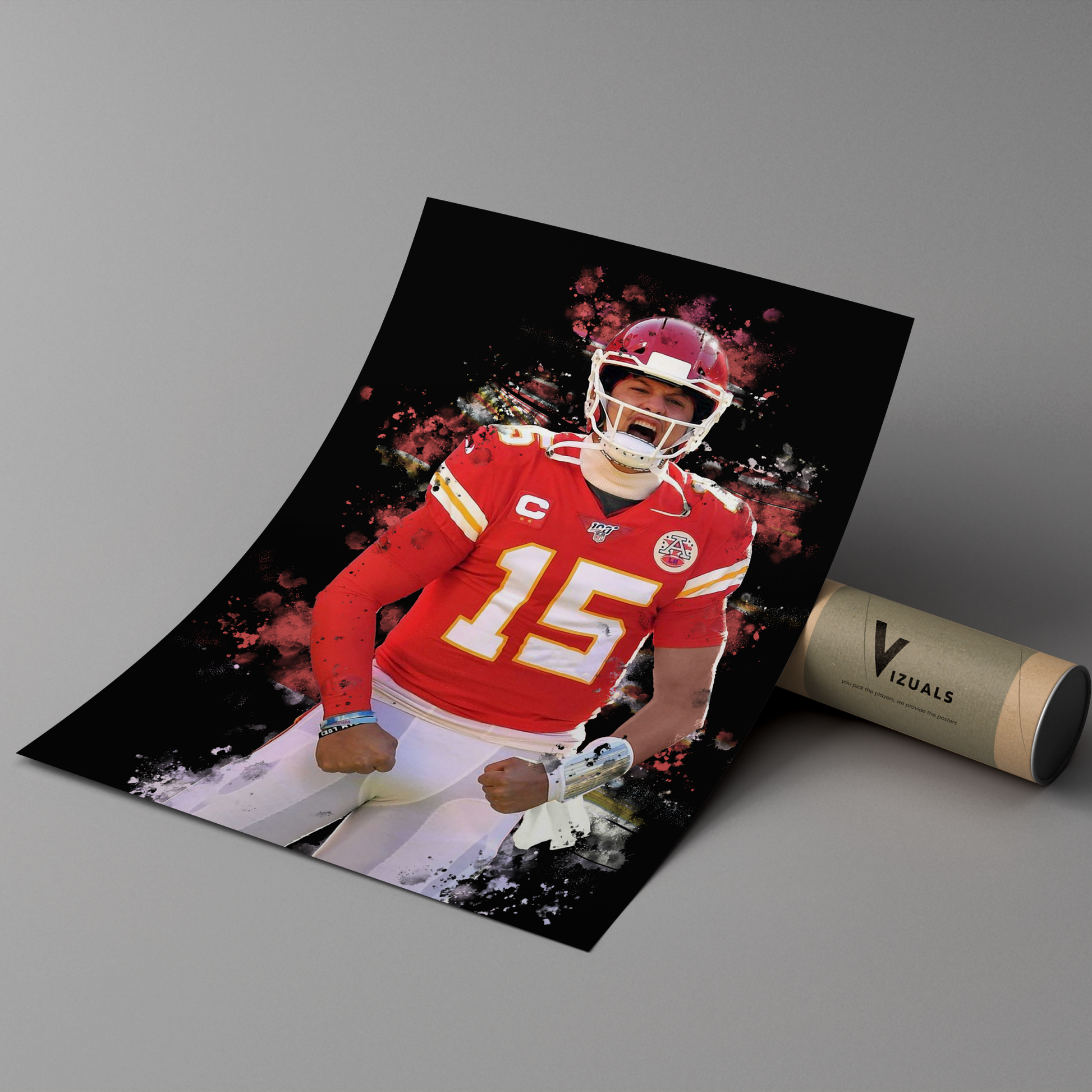 poster mockup of football player patrick mahomes leaning on a cardboard tube