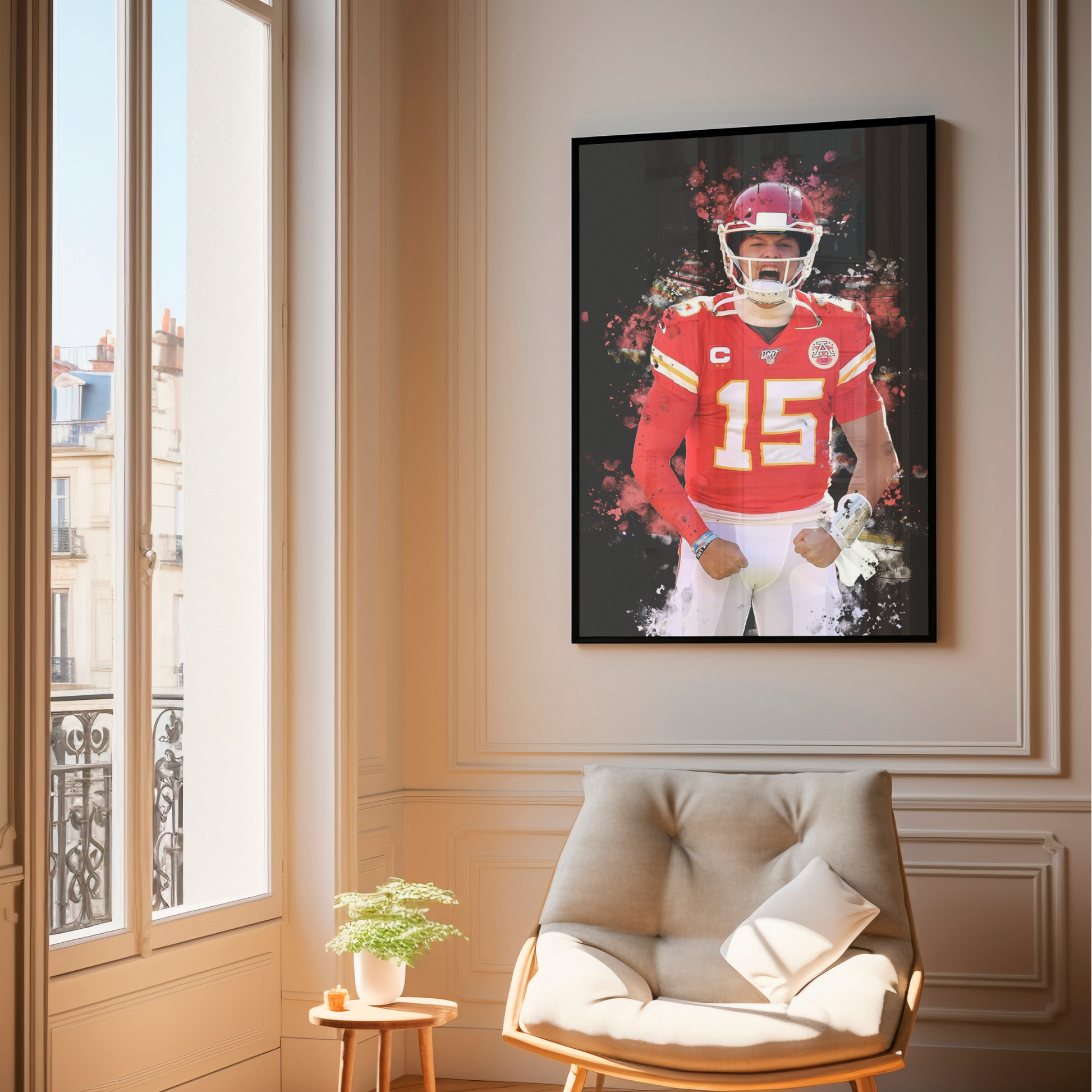 framed poster mockup of football player patrick mahomes hanging in a living room