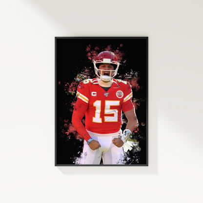 framed poster mockup of football player patrick mahomes hanging on a white wall