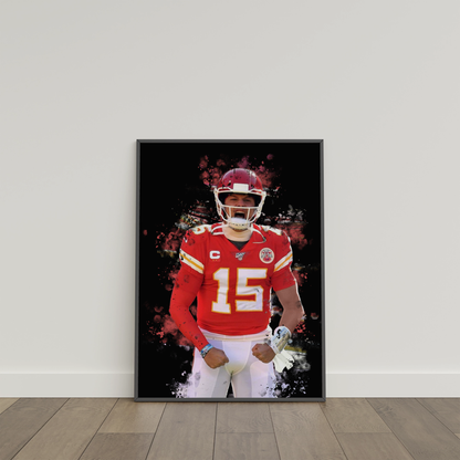 framed poster mockup of football player patrick mahomes leaning on a white wall