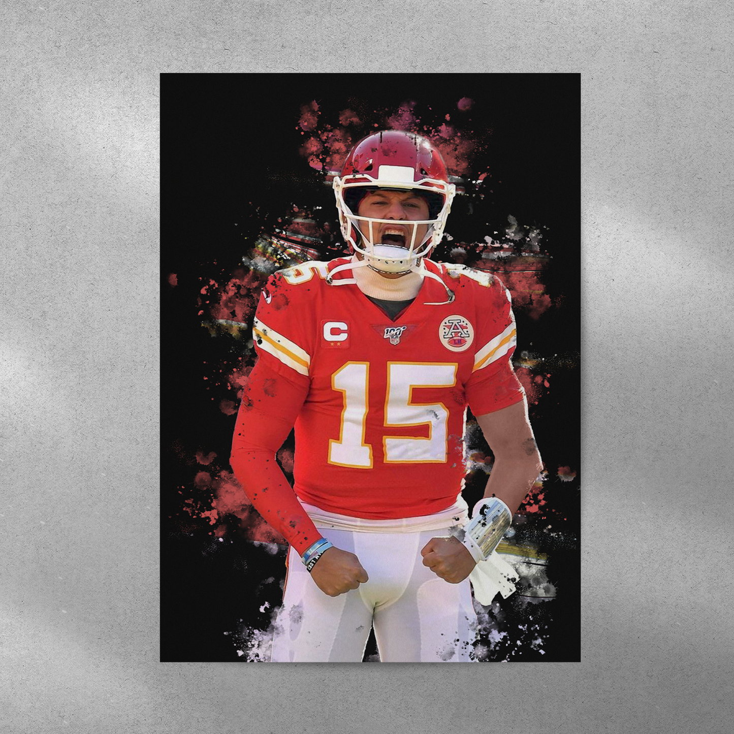 poster mockup of football player patrick mahomes on a grey wall