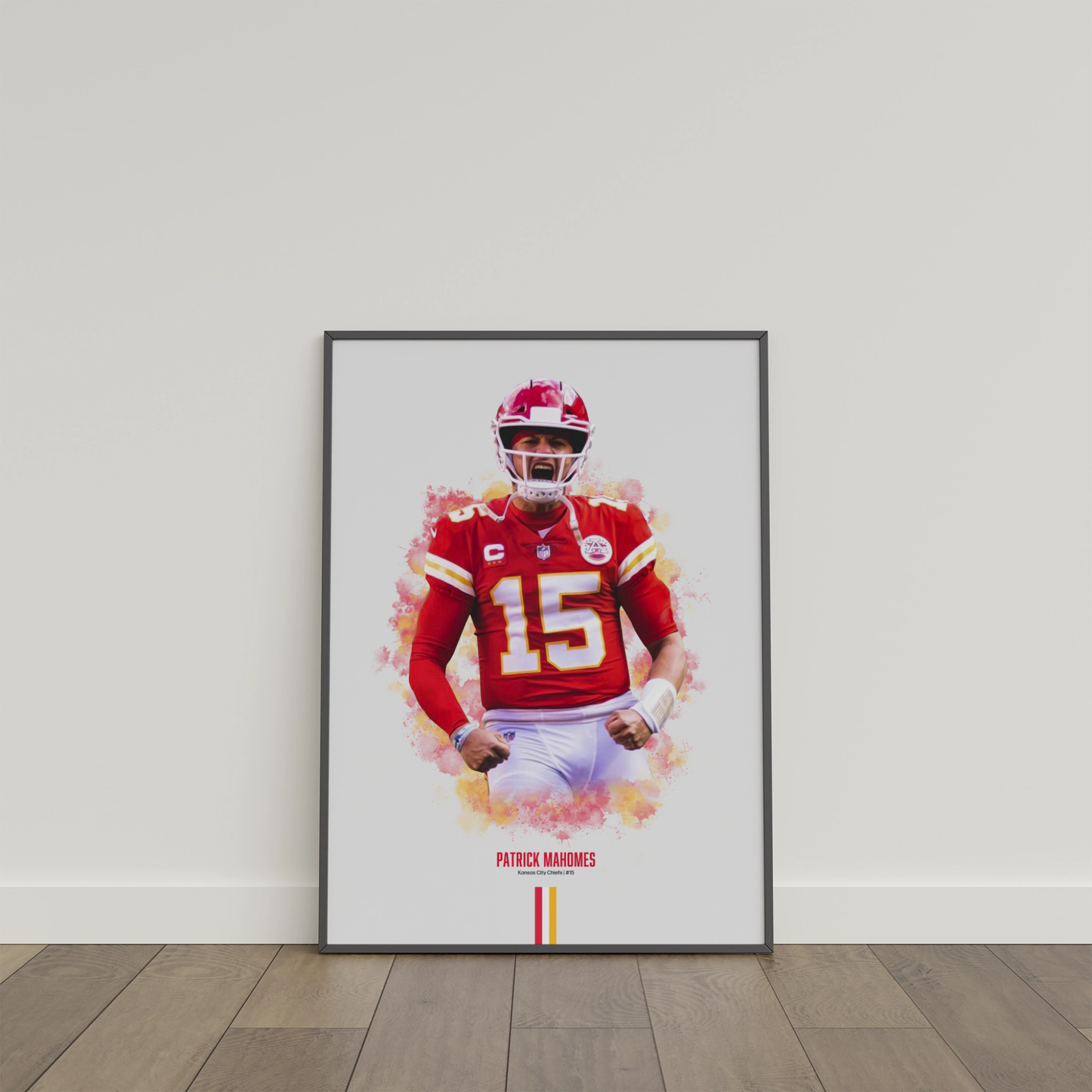 framed poster mockup of football player patrick mahomes leaning on a white wall