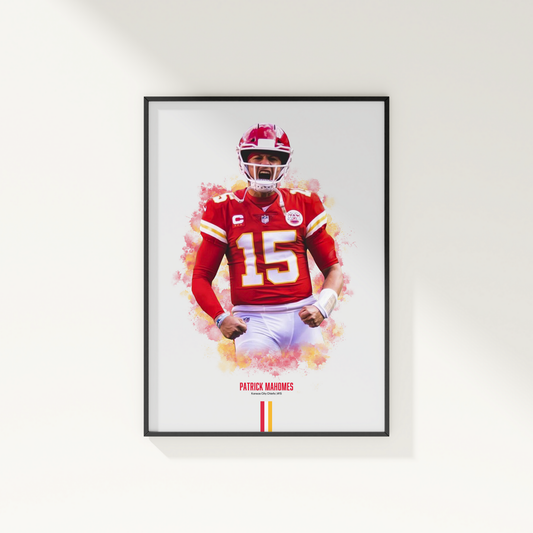 framed poster mockup of football player patrick mahomes hanging on a white wall