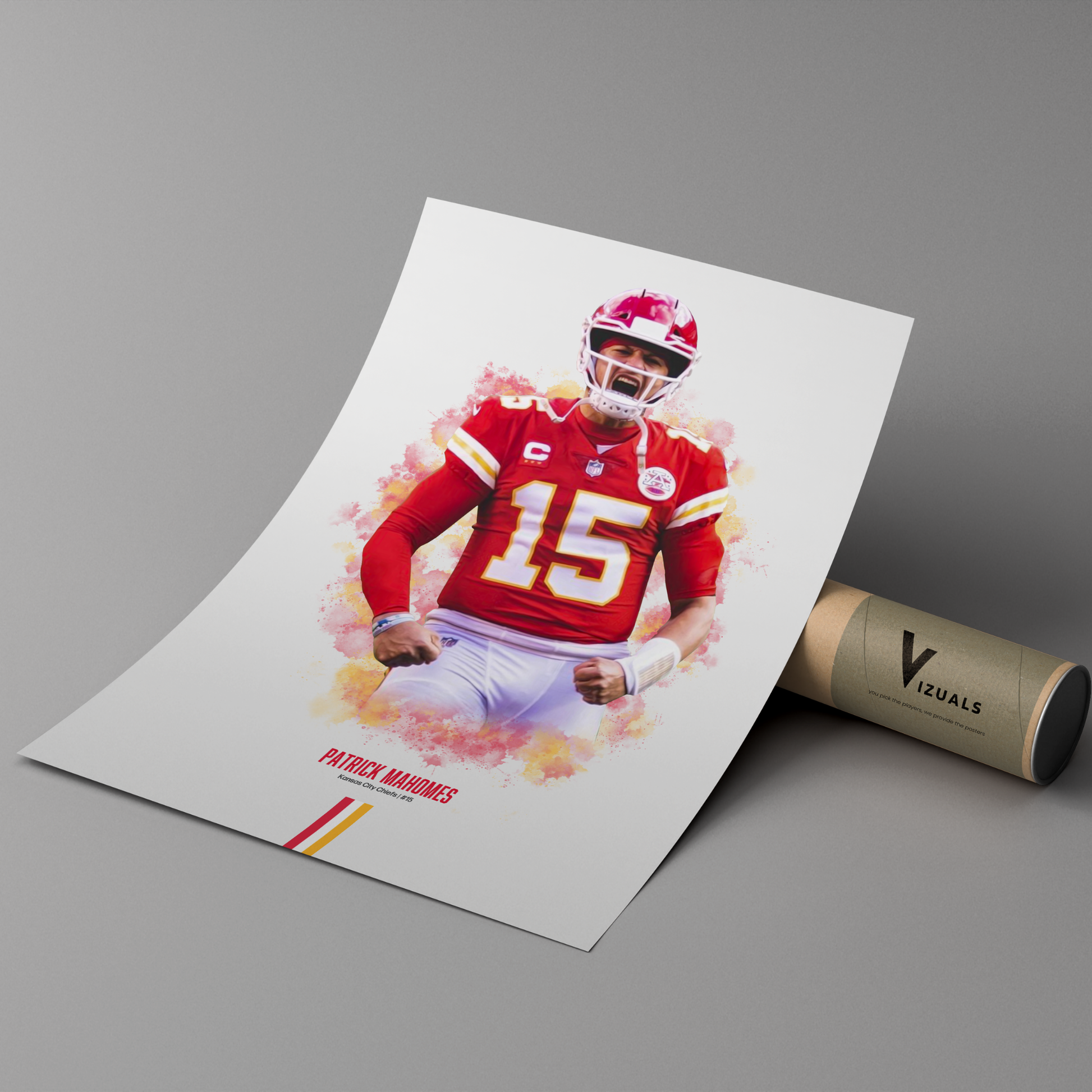 poster mockup of football player patrick mahomes leaning on a cardboard tube