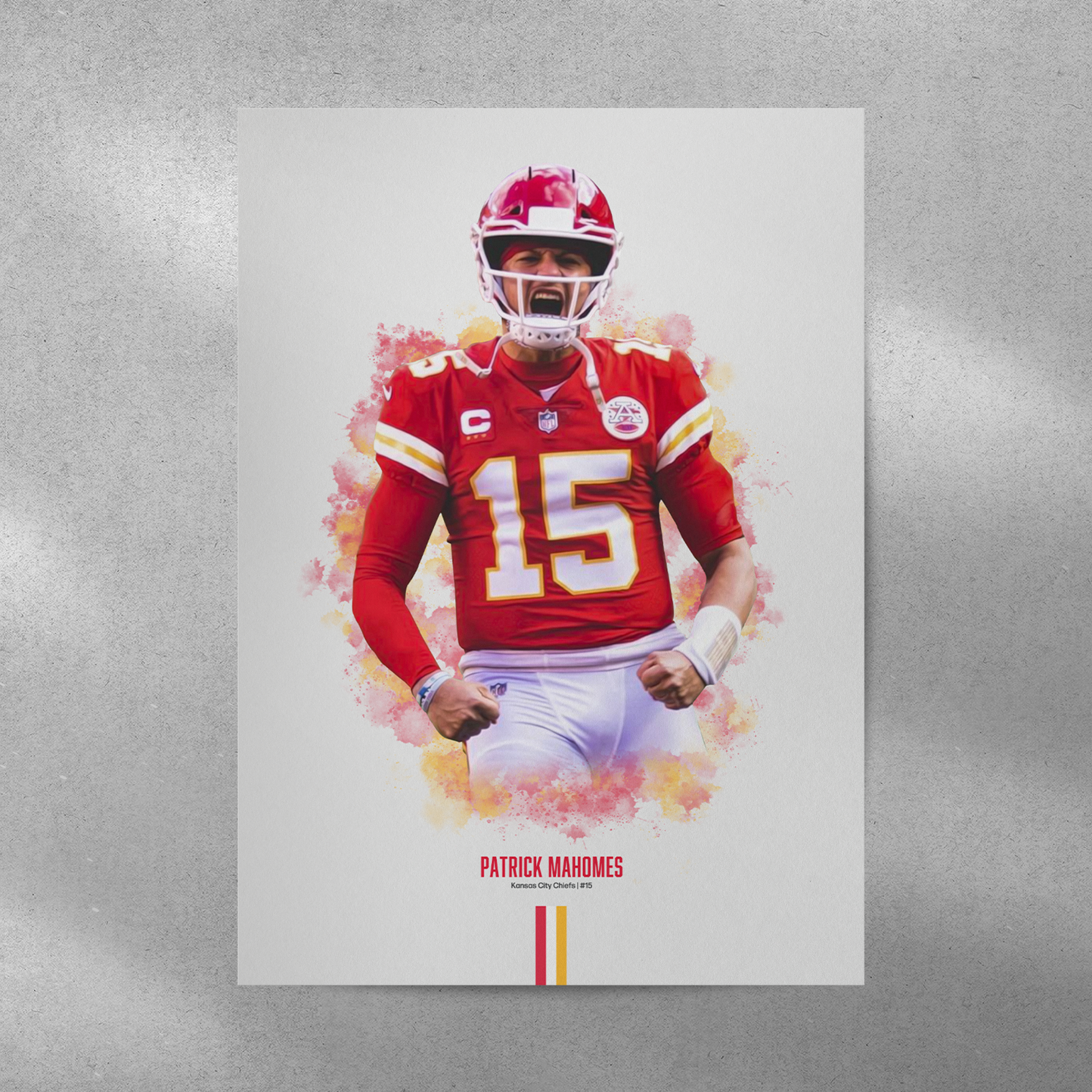 poster mockup of football player patrick mahomes on a grey wall