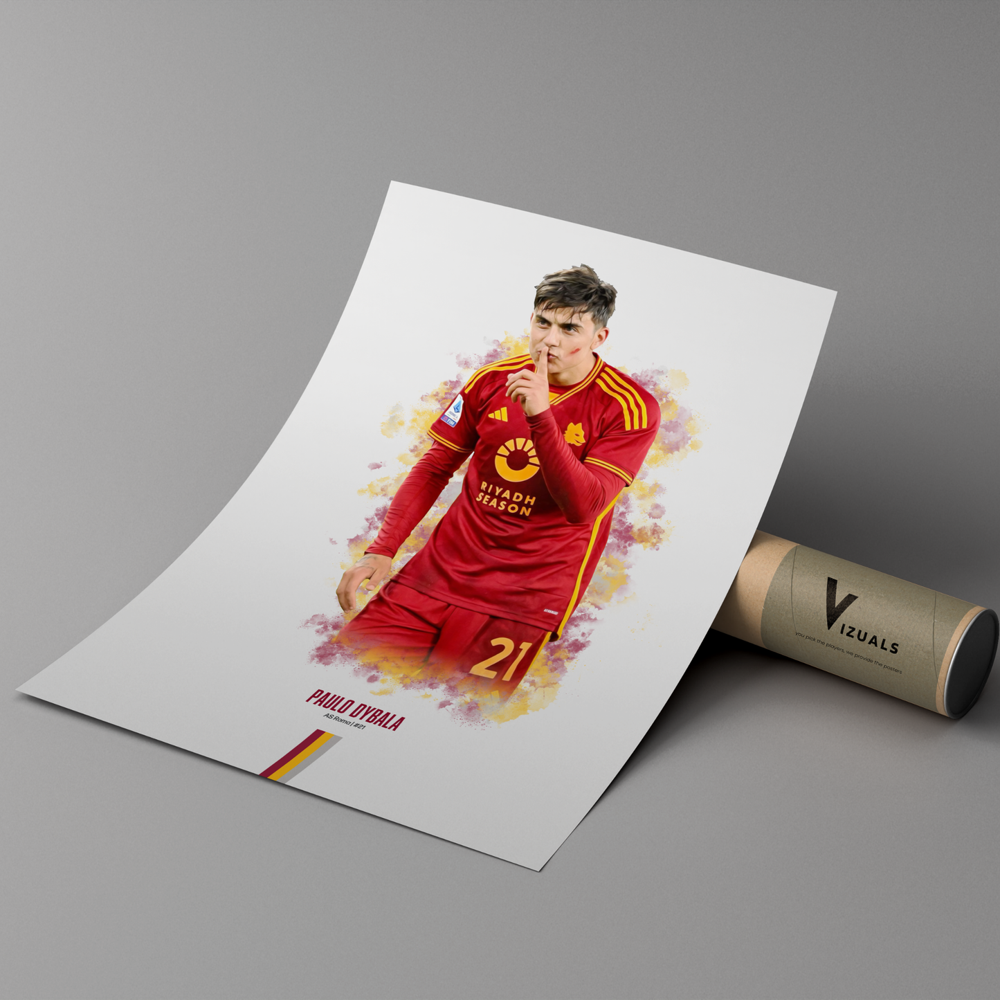 poster mockup of soccer player paulo dybala leaning on a cardboard tube