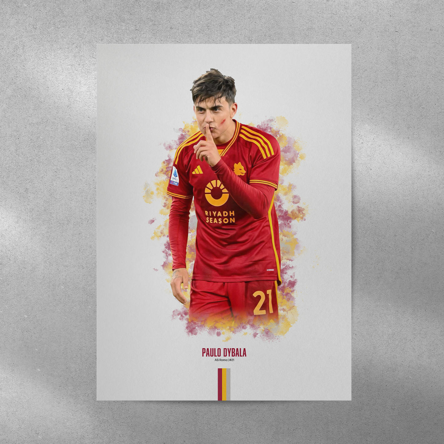 poster mockup of soccer player paulo dybala on a grey wall