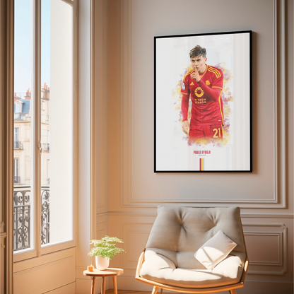 framed poster mockup of soccer player paulo dybala hanging in a living room