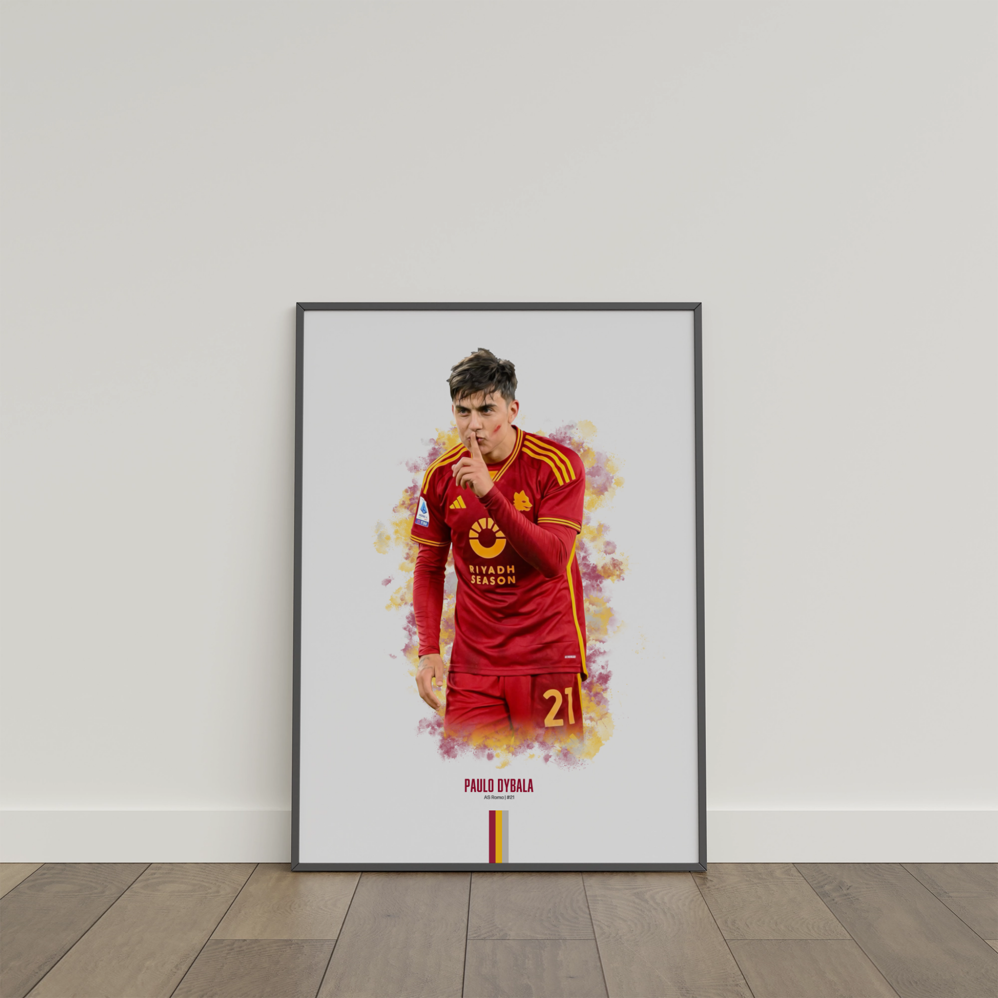 framed poster mockup of soccer player paulo dybala leaning on a white wall