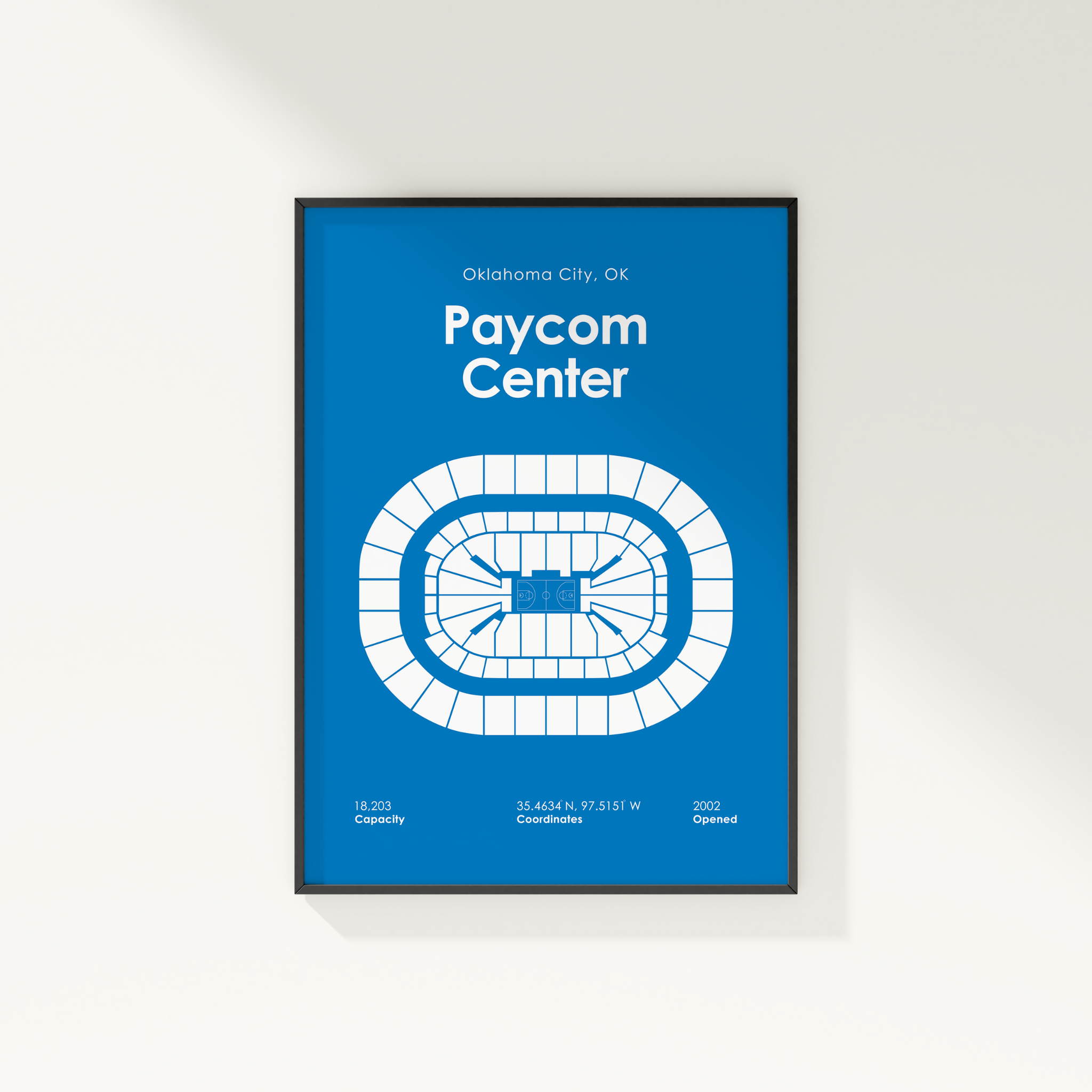 Framed poster of Paycom Center with blue background and white text