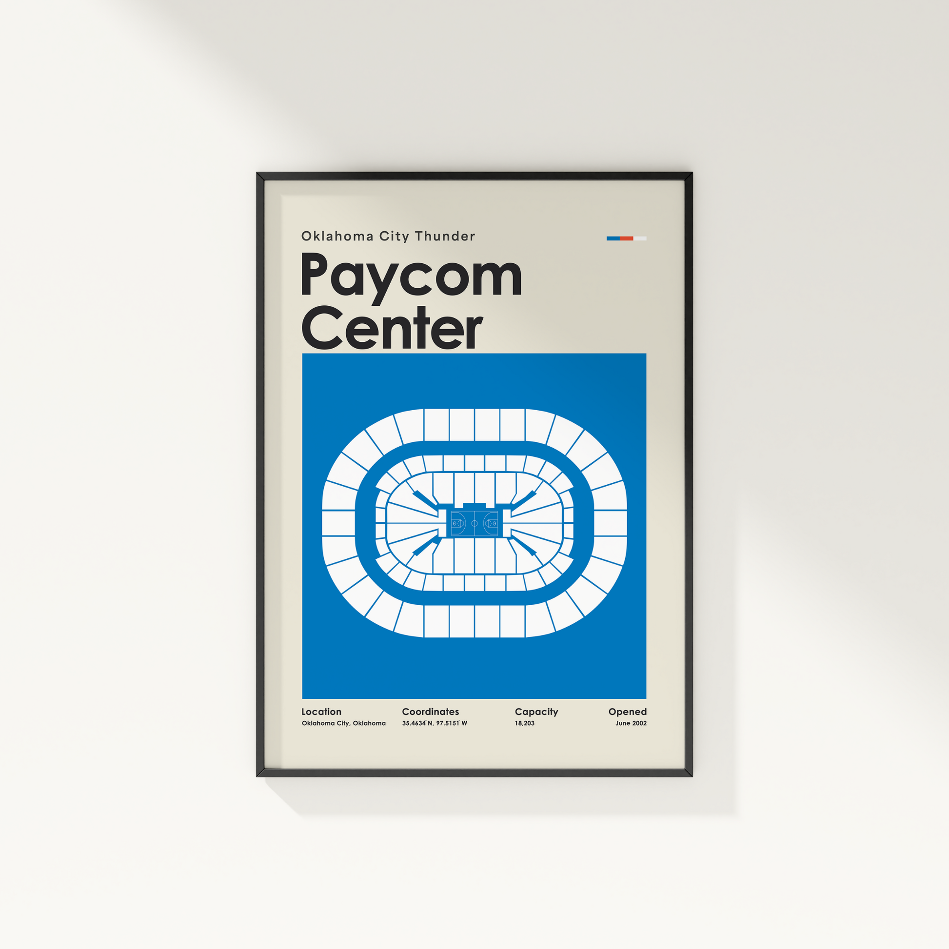 Framed poster of Paycom Center with Oklahoma City Thunder branding on a white wall.