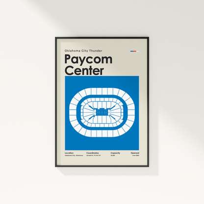 Framed poster of Paycom Center with Oklahoma City Thunder branding on a white wall.