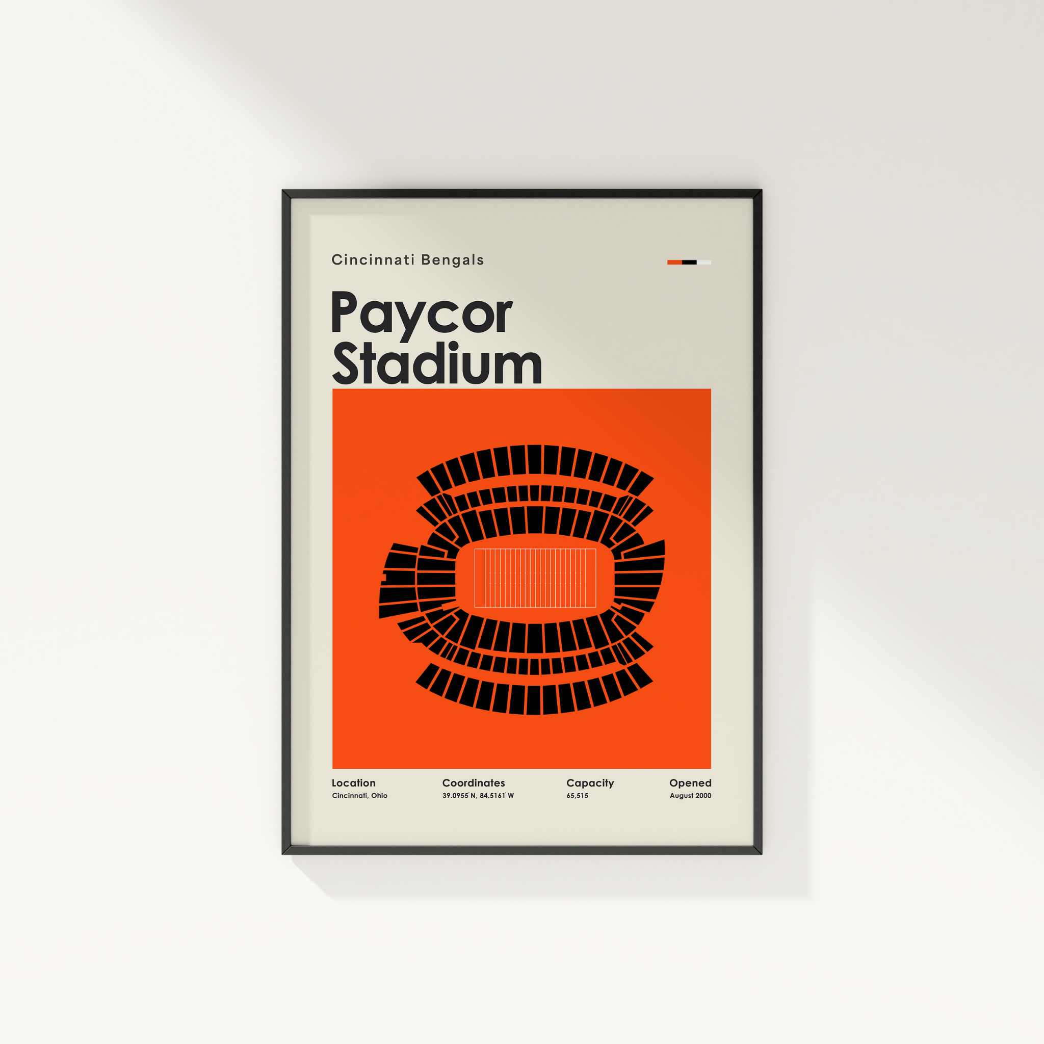 Framed poster of Paycor Stadium with Cincinnati Bengals text on a white wall.